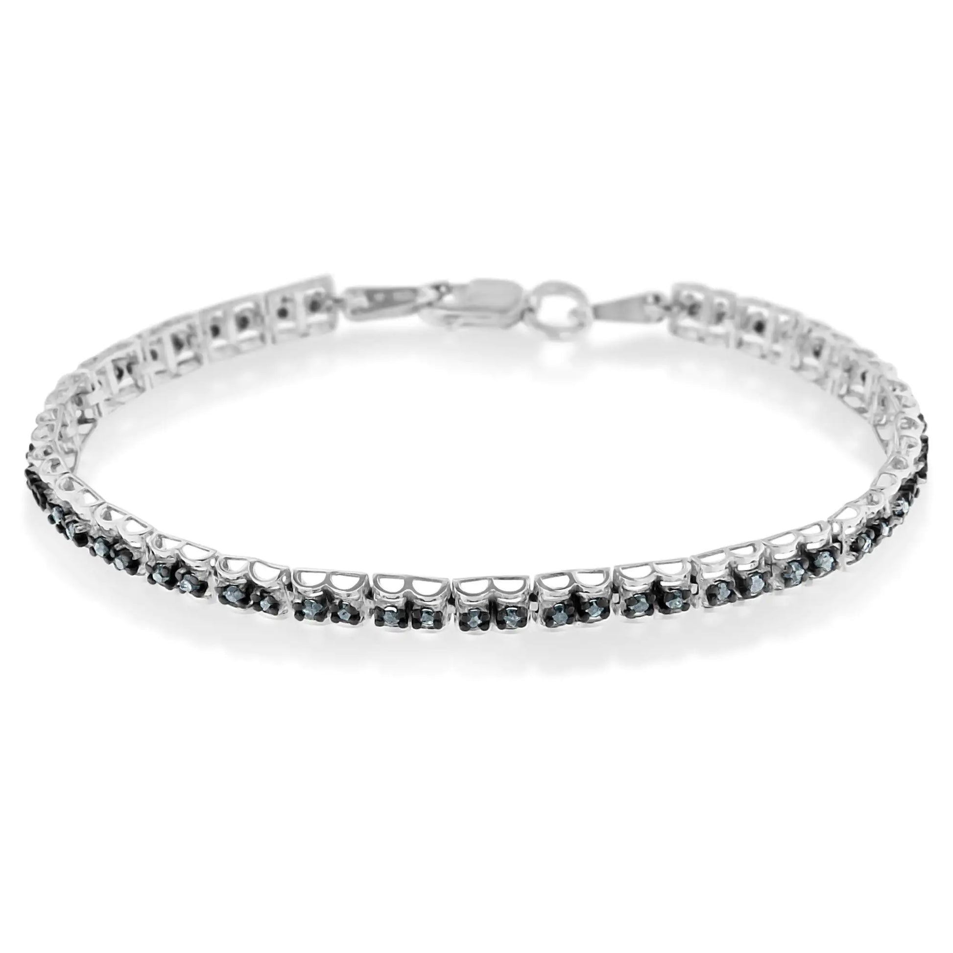 Black Rhodium over .925 Sterling Silver 1.0 Cttw Rose Cut Diamond Double-Link 7" Tennis Bracelet (Blue Color, I1-I2 Clarity) - Puritific