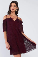 Wine Red Loose Printed Ribbed Mesh Off-The-Shoulder Tube Mini Dress With Satin Multi Straps /1-2-2-1