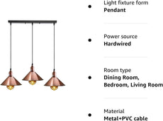 3 Head Vintage Industrial Hanging Metal Pendant Light Fixture~5299-2