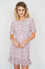 Pink Boho Print Mini Flounce Trim Hem Cap Sleeve Chiffon Dress /4-2-1