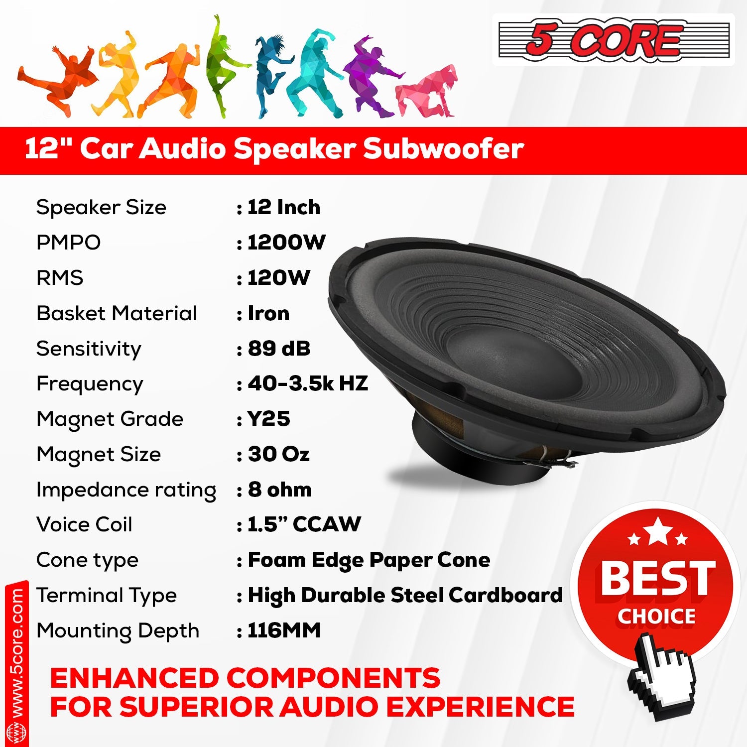 5 Core 12 Inch Subwoofer Speaker 1200W Peak 8 Ohm DJ Replacement Bass Sub Woofer 23 Oz Magnet-1