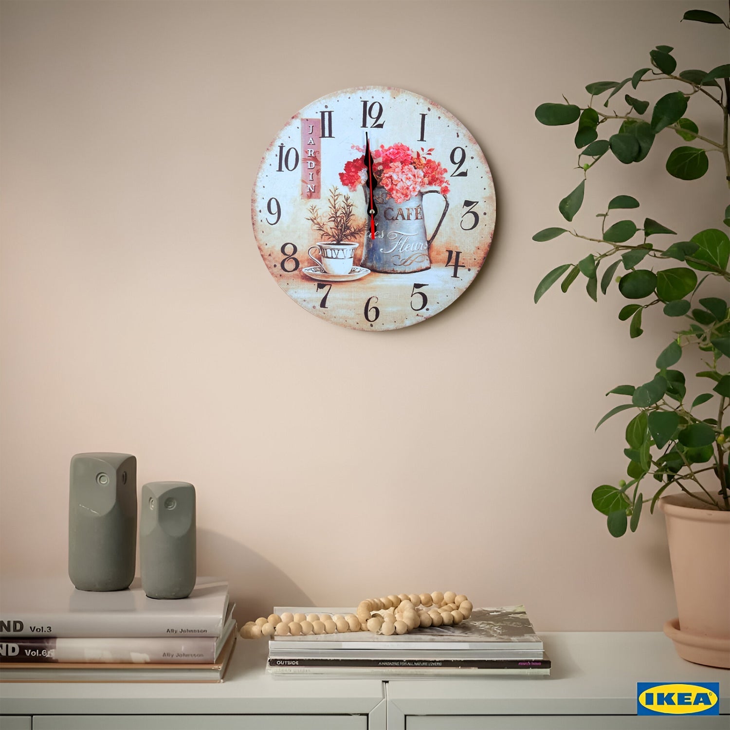 Round Cafe Cup and Flowers Ticking  Shabby Chic Wall Clock ~5485-4