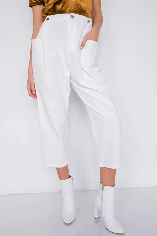 Off-White Chic Solid Ankle Wide Leg Adjustable Snap Waist Pants /3-2-1