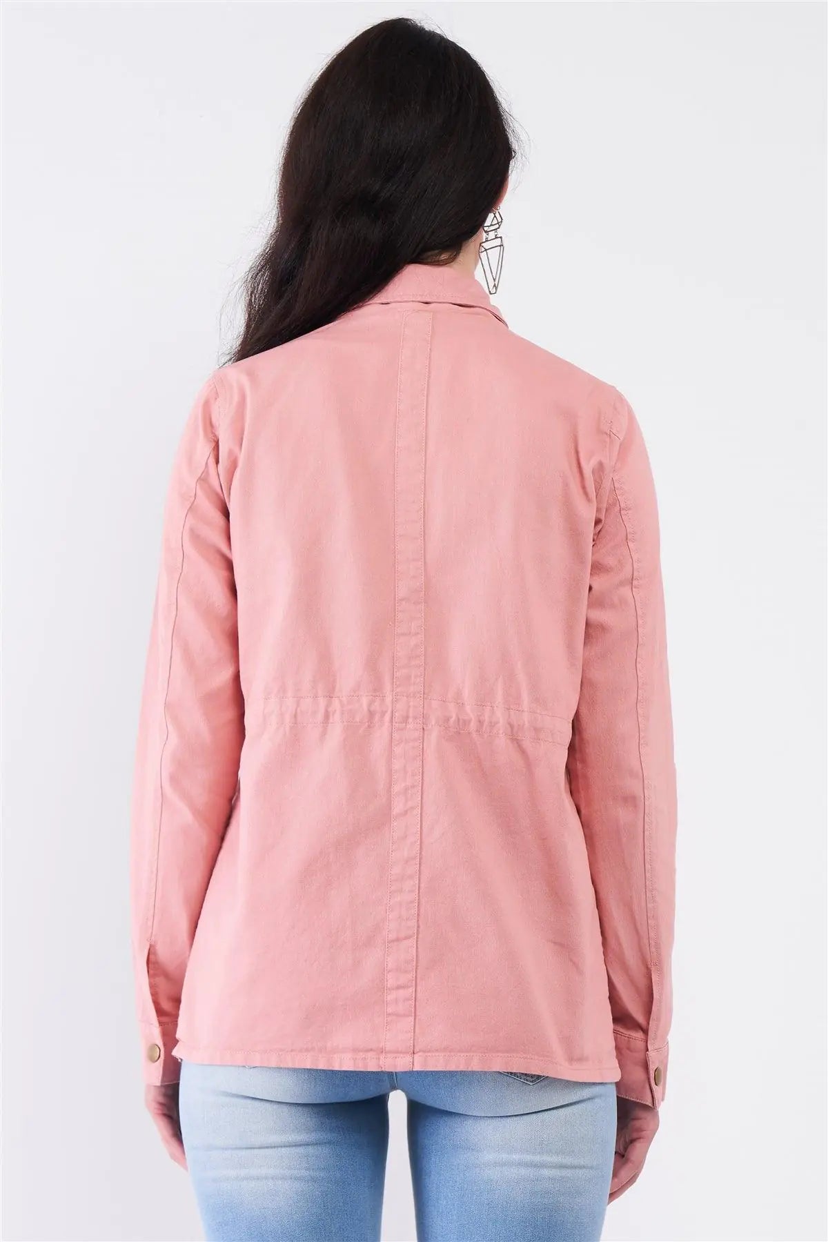 Washed Blush Pink Cotton Front Zip-Up & Button Down Detachable Hood Detail Utility Jacket /1-1-2-2-1 - Puritific