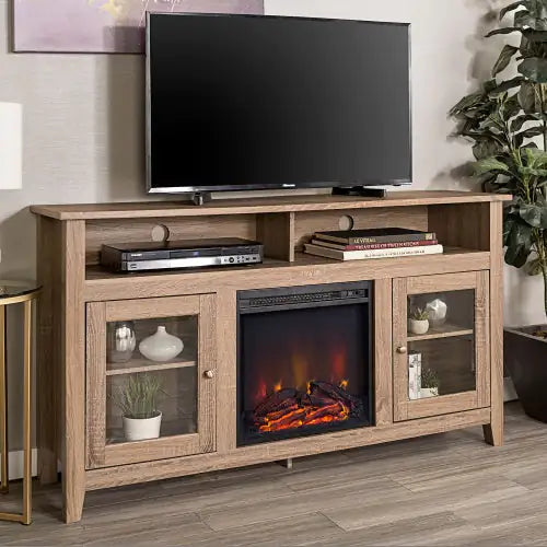 Classic Glass-Door Fireplace Tall TV Stand For TVs Up To- Driftwood