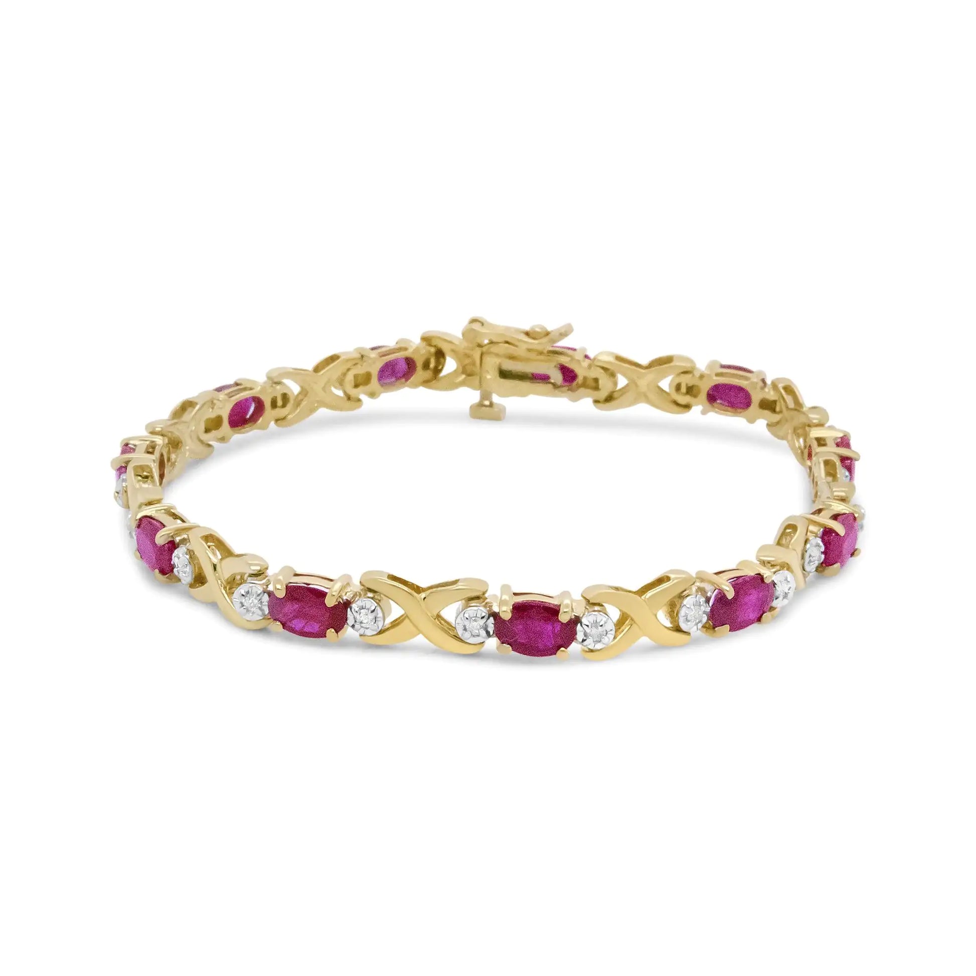 14K Yellow Gold 1/4 Cttw Diamond and Oval Red Ruby Alternating X Link Bracelet (I-J Color, I3 Clarity) - Puritific