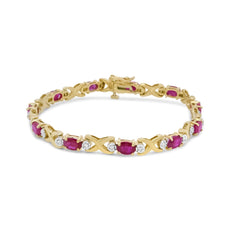 14K Yellow Gold 1/4 Cttw Diamond and Oval Red Ruby Alternating X Link Bracelet (I-J Color, I3 Clarity) - Puritific