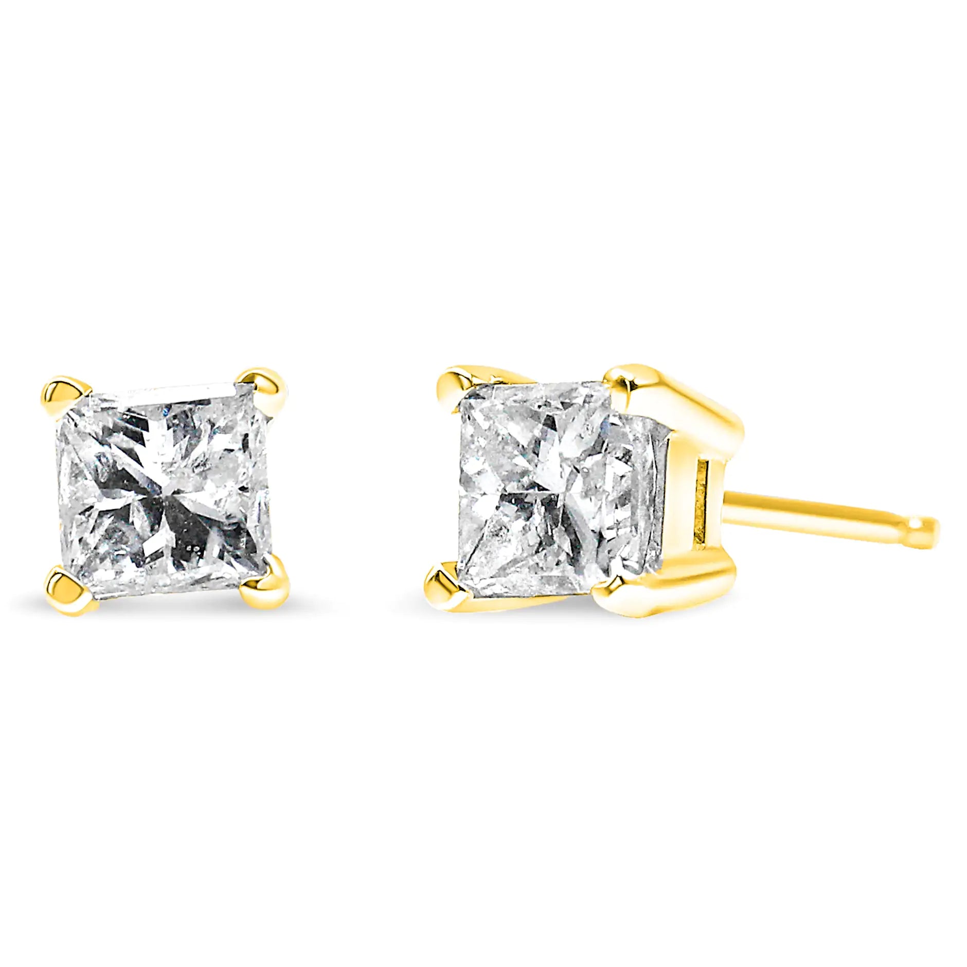 AGS Certified 14k Gold 4-Prong Set Princess-Cut Solitaire Diamond Push Back Stud Earrings (I-J Color, SI2-I1 Clarity) - Puritific