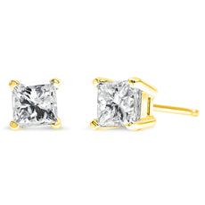 AGS Certified 14k Gold 4-Prong Set Princess-Cut Solitaire Diamond Push Back Stud Earrings (I-J Color, SI2-I1 Clarity) - Puritific