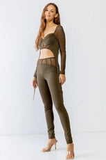 Olive Rushed Bust Corset Mesh Long Sleeve Crop Top & High Waist Slim Fit Corset Detail Pants Set S-M-L/2-2-2