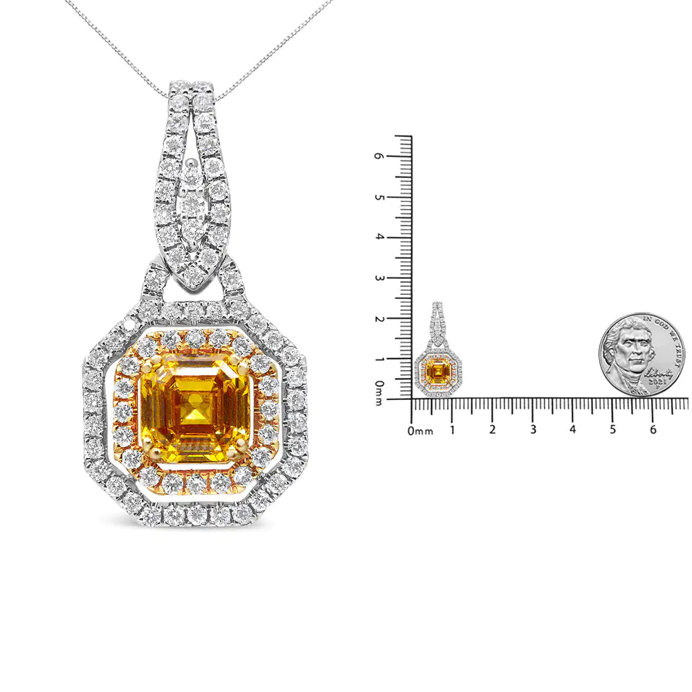 18K White and Yellow Gold 2 3/5 Cttw Lab Grown Yellow Asscher Diamond Double Framed Halo 18" Pendant Necklace (Yellow/G-H Color, VS1-VS2 Clarity) - Puritific