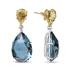 18K White and Yellow Gold 1/5 Cttw Diamond with Pear Cut Lemon Quartz and Pear Cut London Blue Topaz Gemstone Dangle Earring (G-H Color, SI1-SI2 Clarity) - Puritific