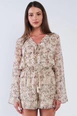 Taupe Floral Multi Color Print Wrap V-Neck Relaxed Fit