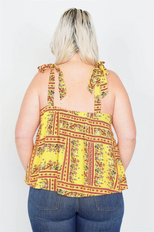 Junior Plus Size Yellow  Scoop Neck Boho Floral Print Tank Top /2-2-1