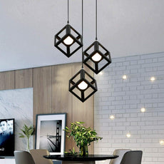 3 Head Black Square Wire Cage Bar Triple Hanging Pendant Light ~5297-1