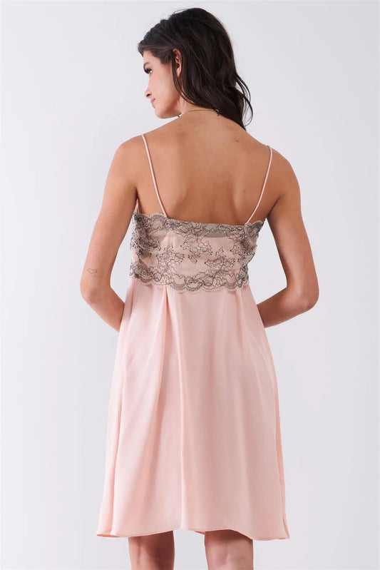 Baby Pink Sleeveless V-Neck Floral Lace Mesh Detail Relaxed Slip Mini Dress /1-2-2-1 - Puritific