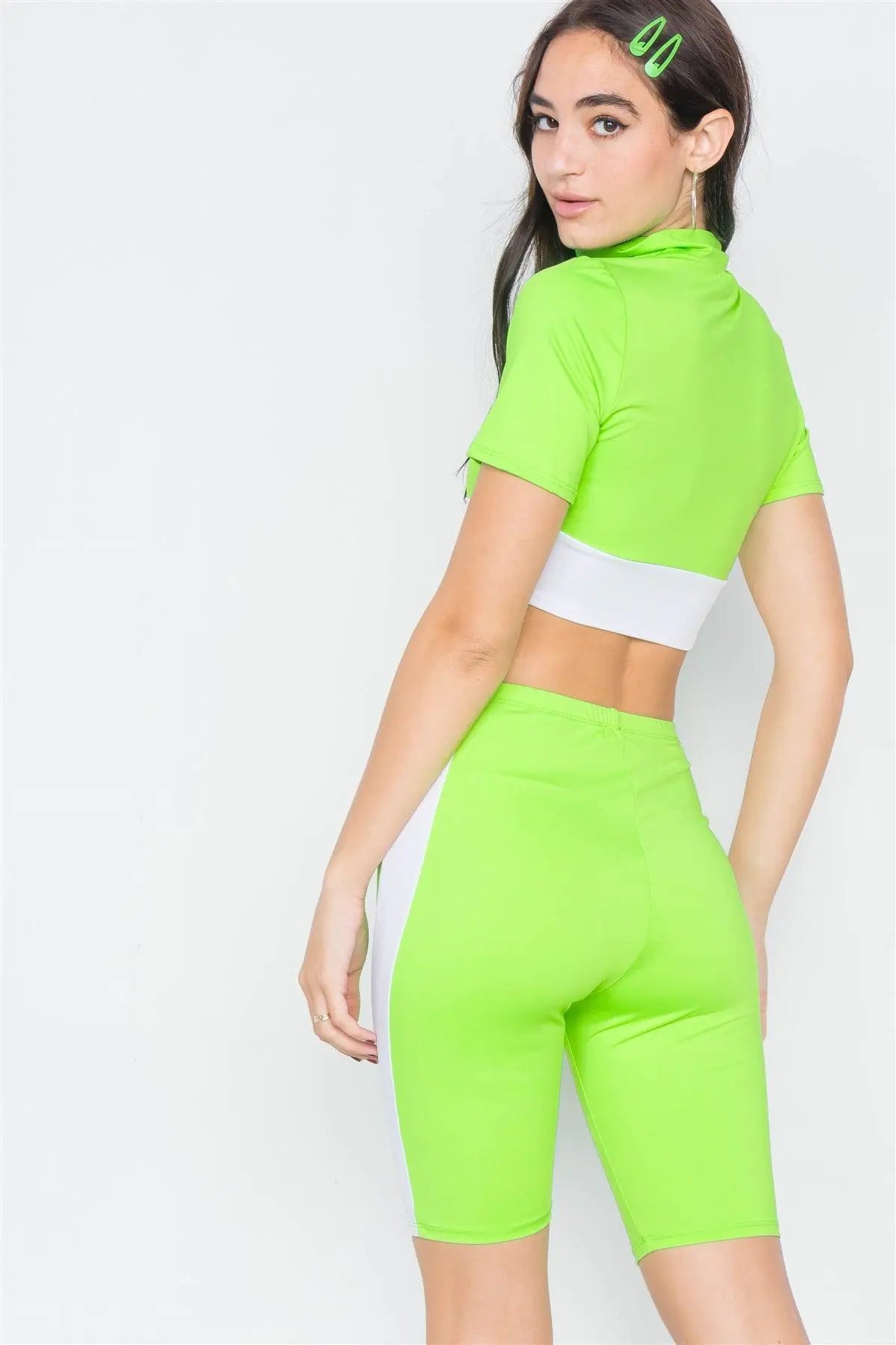 Neon Green & White Contrast Trim Crop Pull Over & Mini Biker Short Set /3-2-1