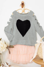 Girls Heart Print Cut-Out Sleeve Sweater