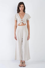 Oatmeal Beige Open Back Crop Top & Wide Leg Ankle High Waist Pant Set  /3-2-1