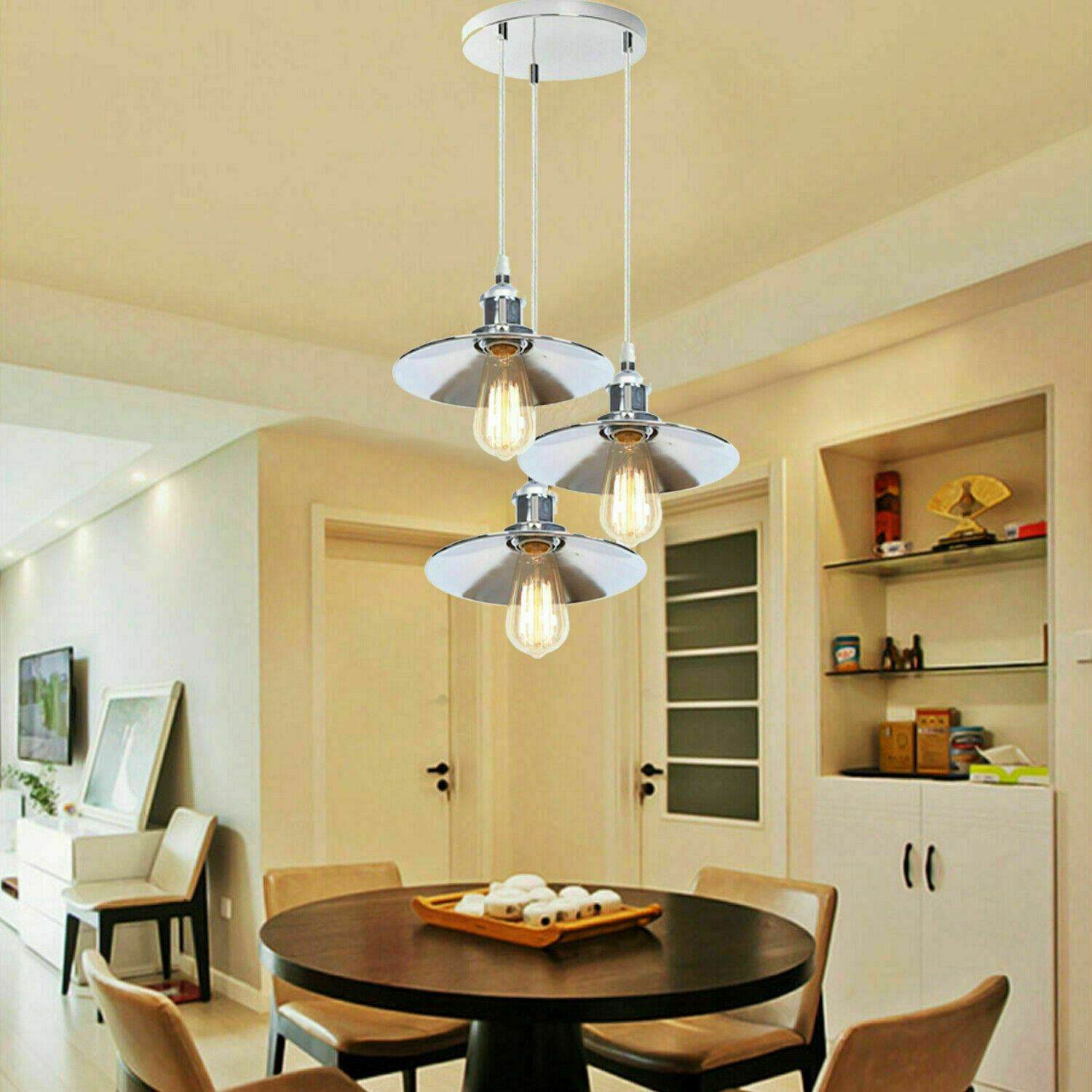 3 Head Pendant Hanging Light Polished Chrome Metal Flat Lamp Shade ~ 1324-0