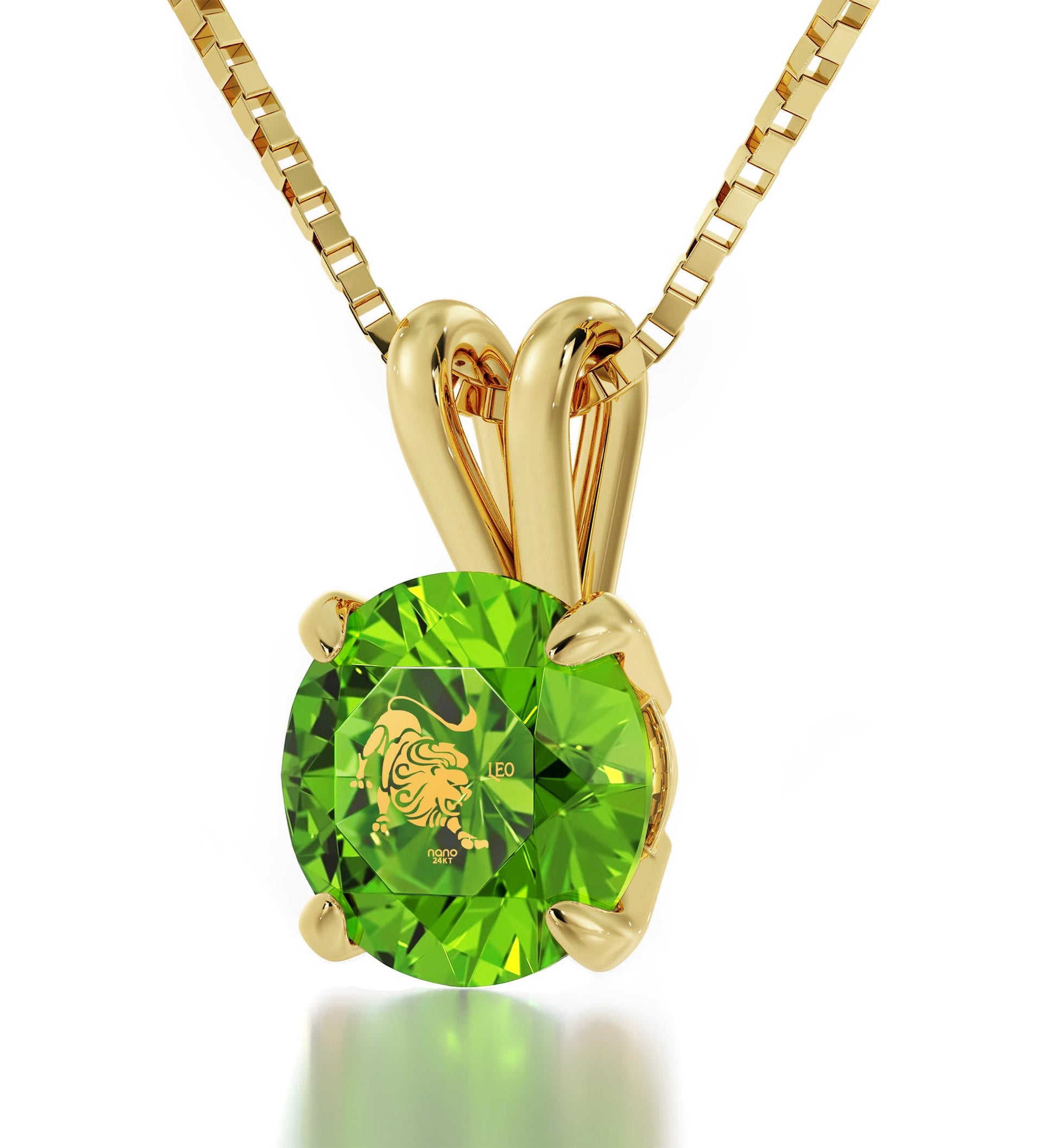 14k Yellow Gold Leo Necklace Zodiac Pendant 24k Gold Inscribed on Crystal - Puritific