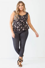 Plus Size Black Floral Button-Up Sleeveless Flare Hem Top