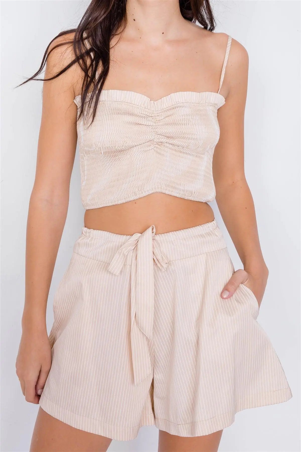 Beige Cotton Tie Dye Pinstripe Square Neck Crop Top & Mini Chic Short Set /3-2-1 - Puritific