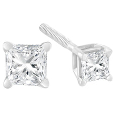 AGS Certified 18K White Gold 1.0 Cttw 4-Prong Set Princess-Cut Solitaire Diamond Screw Back Stud Earrings (E-F Color, SI2-I1 Clarity) - Puritific