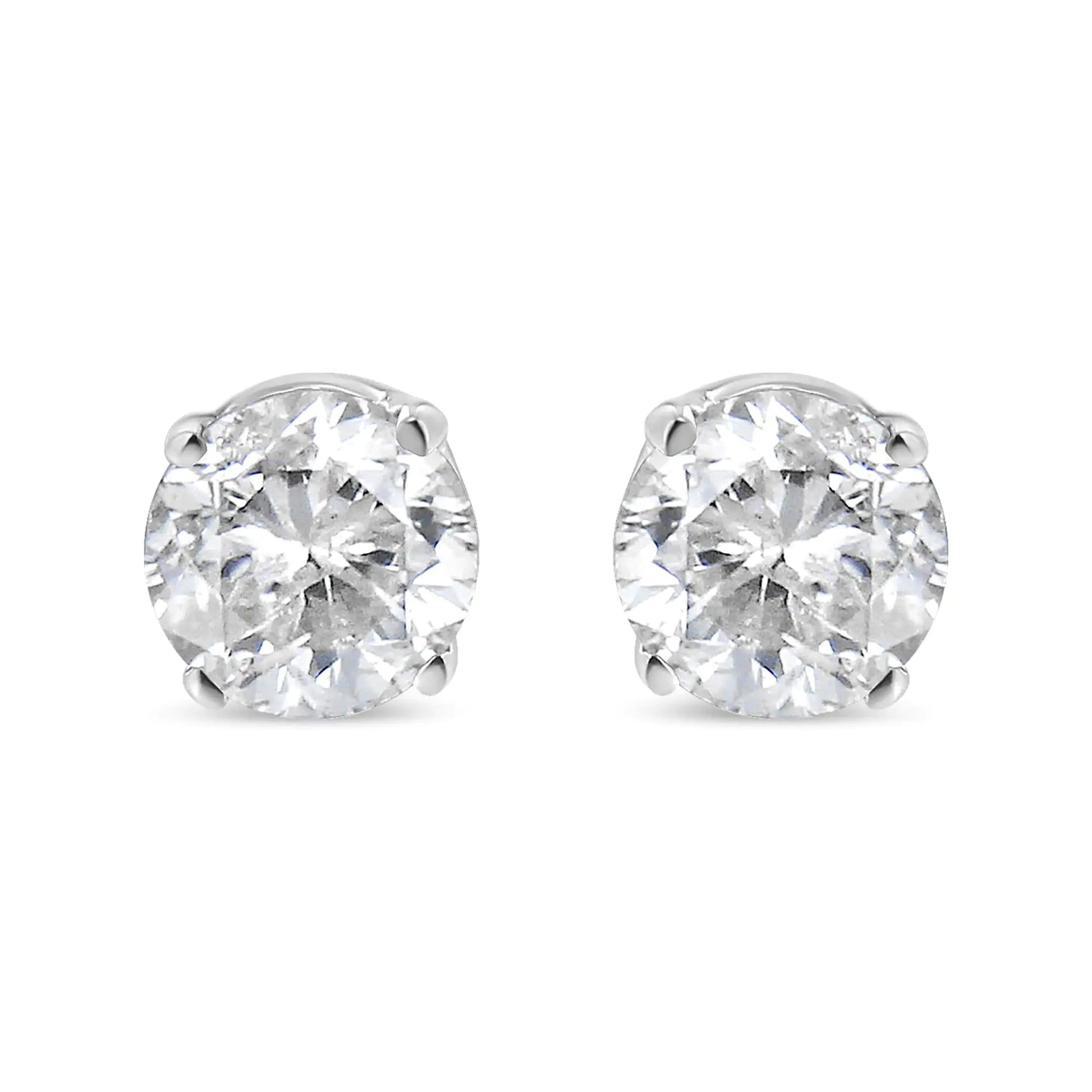 AGS Certified 14K White Gold 1.0 cttw 4-Prong Set Brilliant Round-Cut Solitaire Diamond Push Back Stud Earrings (F-G Color, I1-I2 Clarity) - Puritific