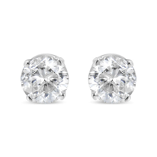 AGS Certified 14K White Gold 1.0 cttw 4-Prong Set Brilliant Round-Cut Solitaire Diamond Push Back Stud Earrings (F-G Color, I1-I2 Clarity) - Puritific