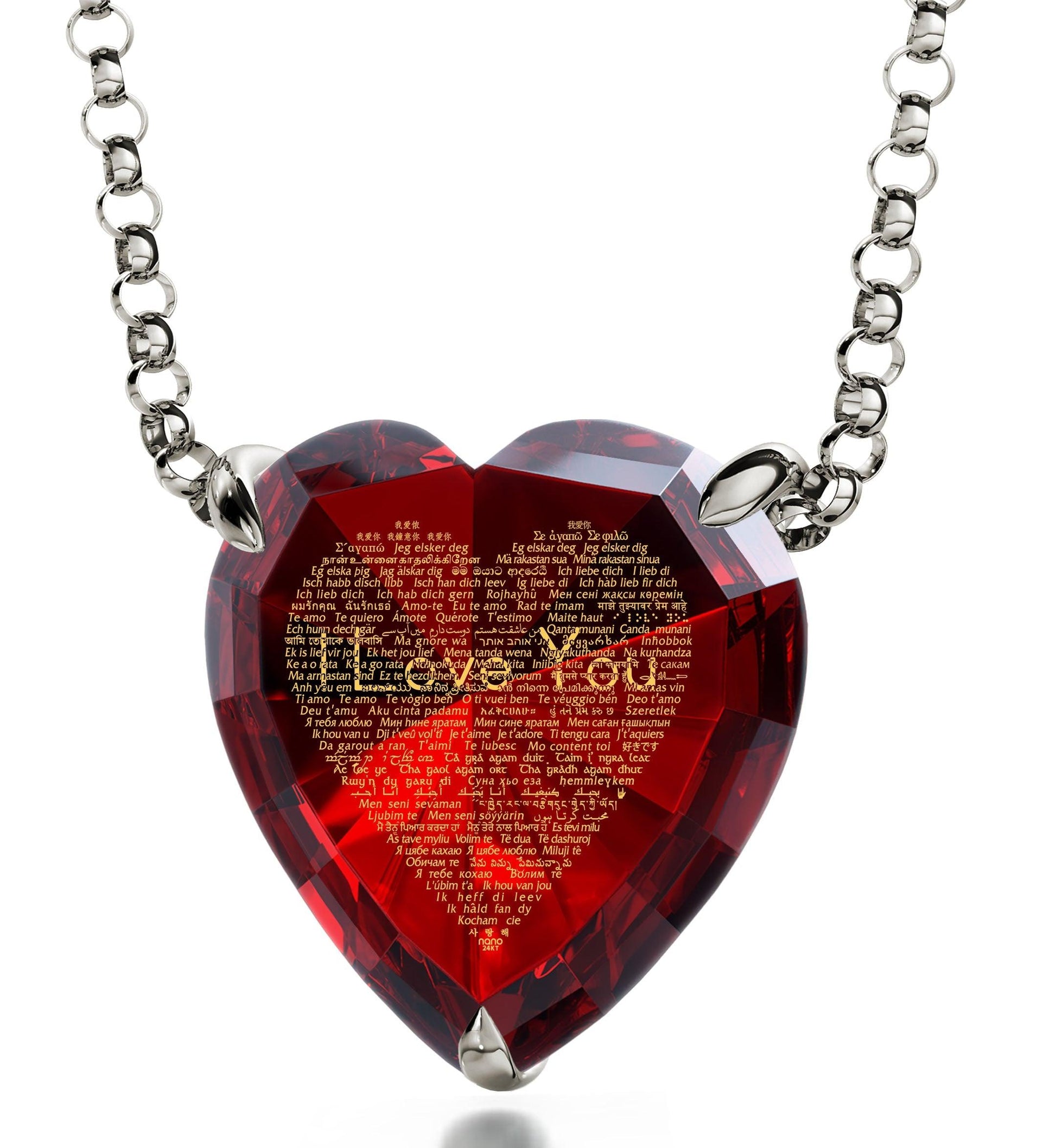 925 Sterling Silver Heart Necklace 24k Gold Inscribed I Love You in 120 Languages - Puritific