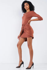 Asymmetrical Tight Fit Midi Sleeve Round Neck Front Twist Wrap Detail Mini Dress - Puritific