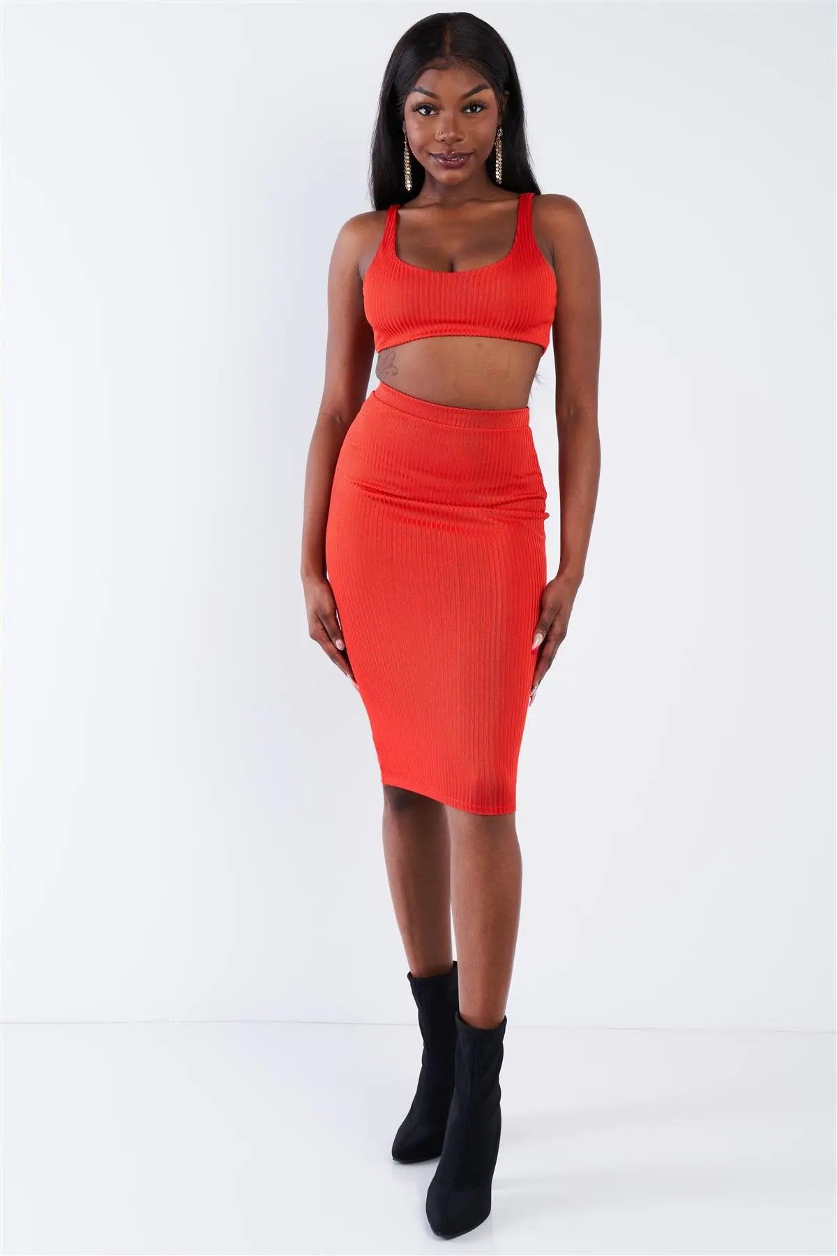 Orange Ribbed Square Neck Crop Top & Mini Bodycon Skirt Set /3-2-1