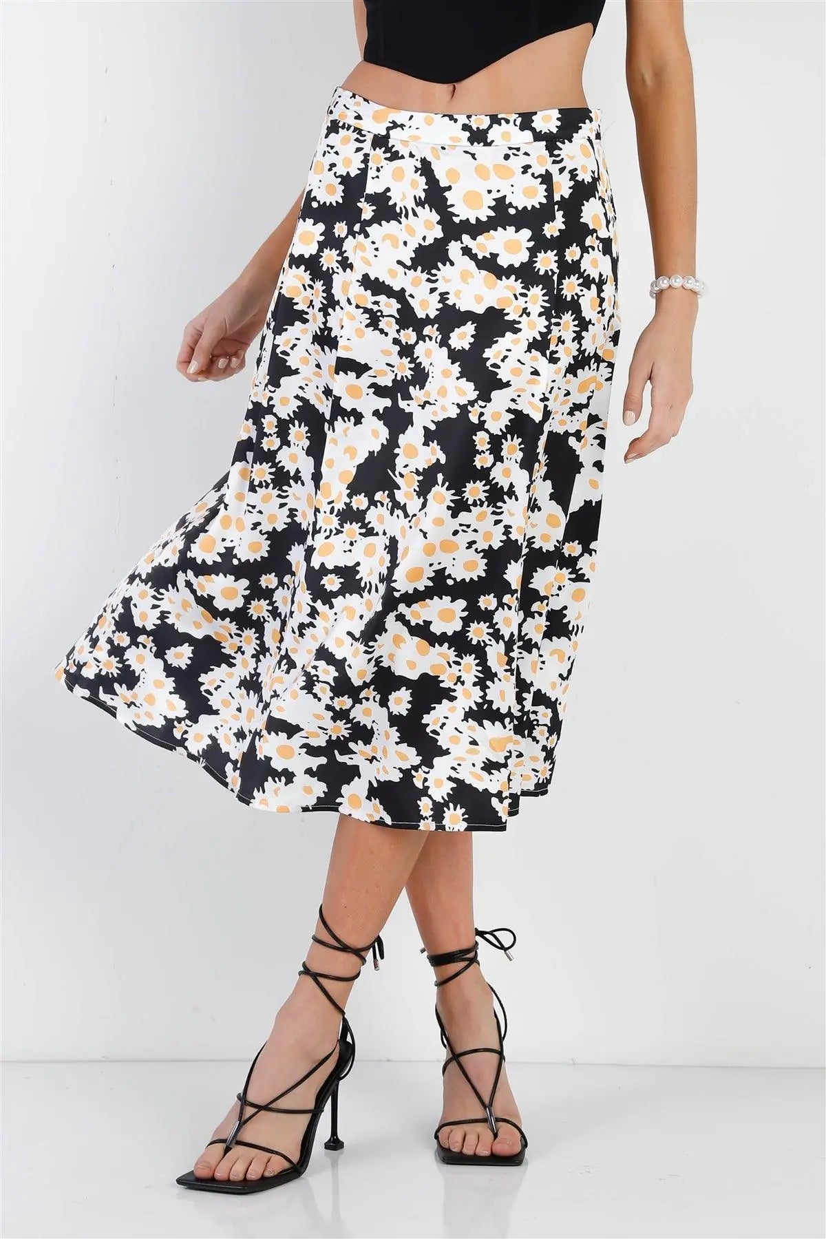 "Daisy" Print Black Multi Color Satin Effect Midi Slip Skirt /1-3-2 - Puritific