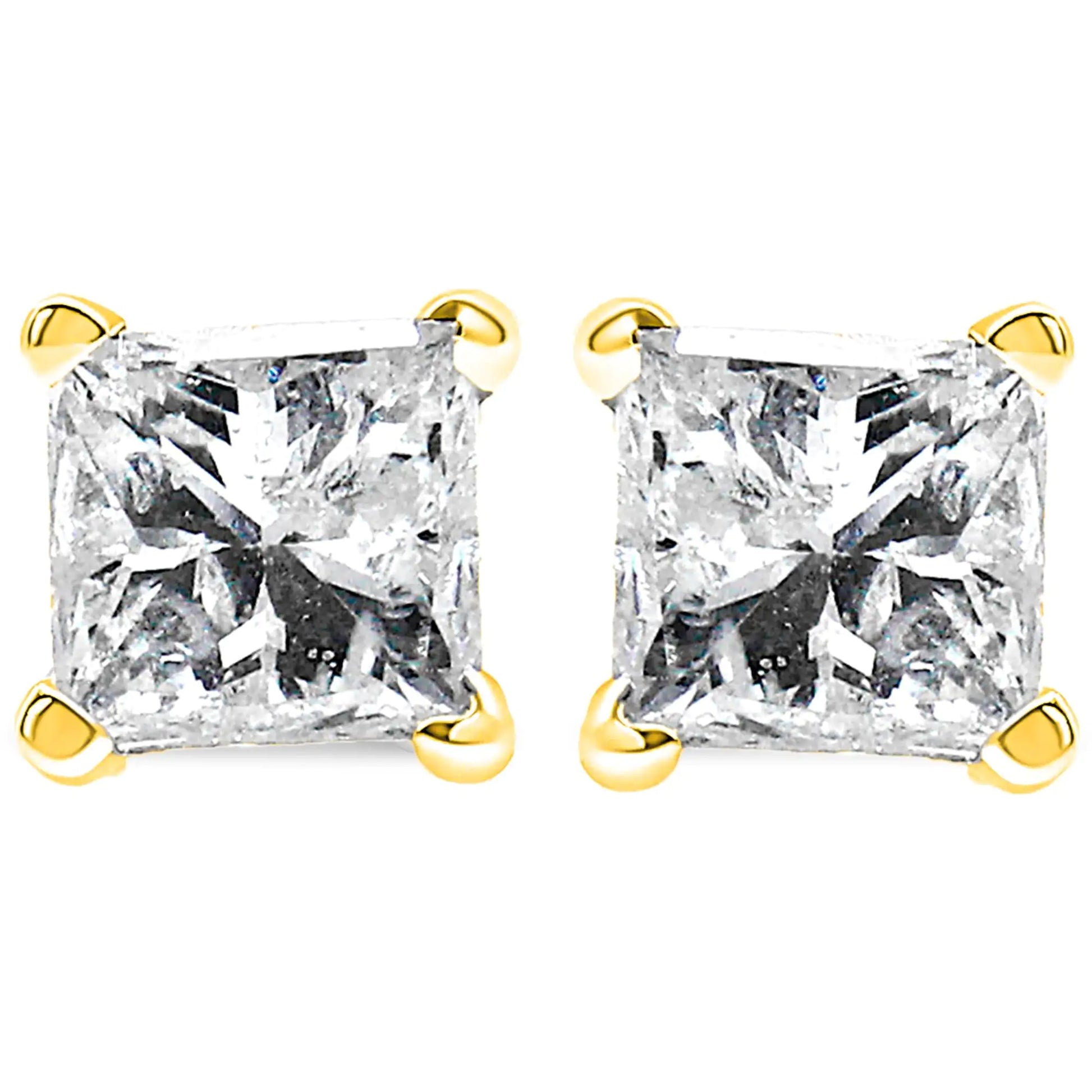 AGS Certified Princess-Cut Square Diamond 4-Prong Solitaire Stud Earrings in 14K Gold (H-I Color, I1-I2 Clarity) - Puritific