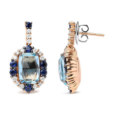 18K White and Rose Gold and 3/4 Cttw Diamond with Round Blue Sapphire and 13x8mm Cushion Cut Sky Blue Topaz Gemstone Cluster Dangle Earrings (G-H Color, SI1-SI2 Clarity) - Puritific