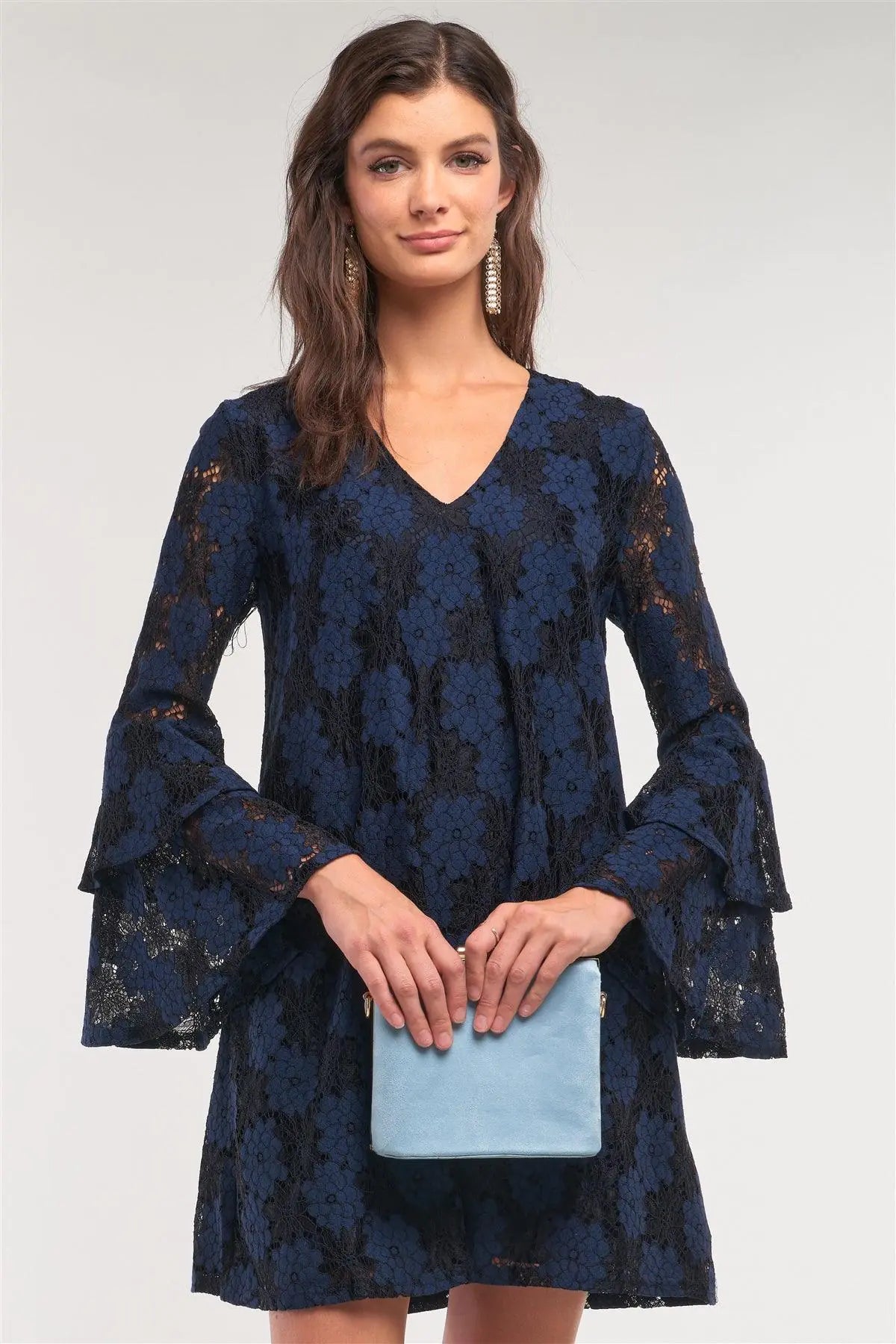 Black&Blue Long Sleeve V-Neck Lace Mesh Embroidery Layered Mini Dress /2-1-2 - Puritific