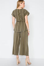 Olive Stripe Two Piece Top Wide Leg Pant Set /3-2-1