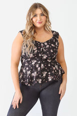 Plus Size Black Floral Button-Up Sleeveless Flare Hem Top