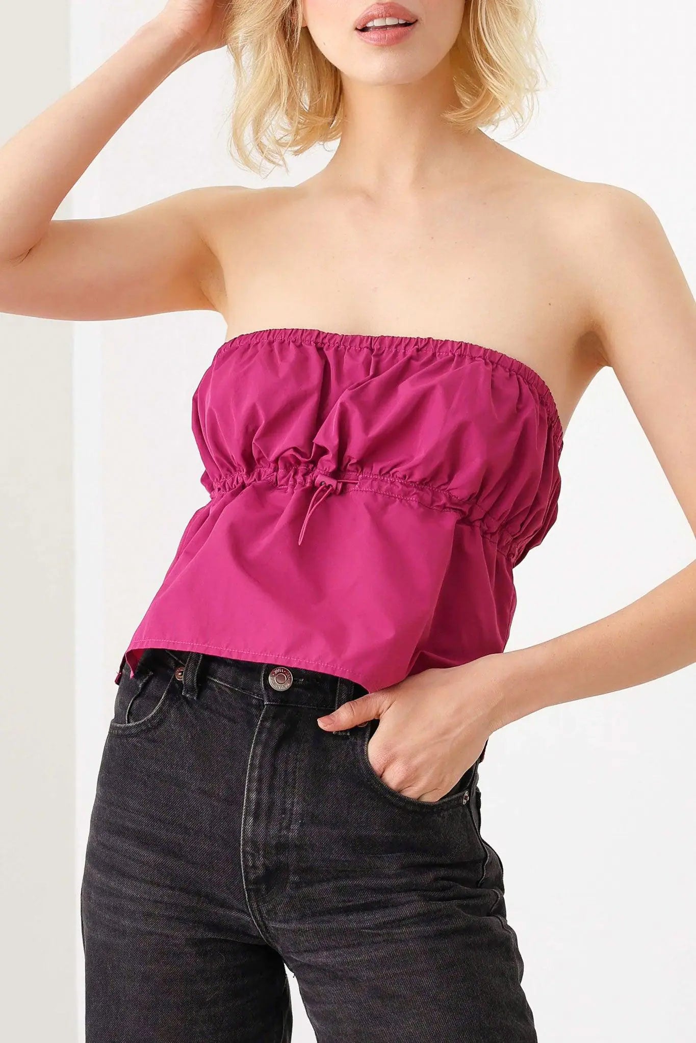 Plain Sexy Straight Neckline Side Slit Front Toggle Drawstring Strapless Crop Top