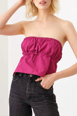 Plain Sexy Straight Neckline Side Slit Front Toggle Drawstring Strapless Crop Top