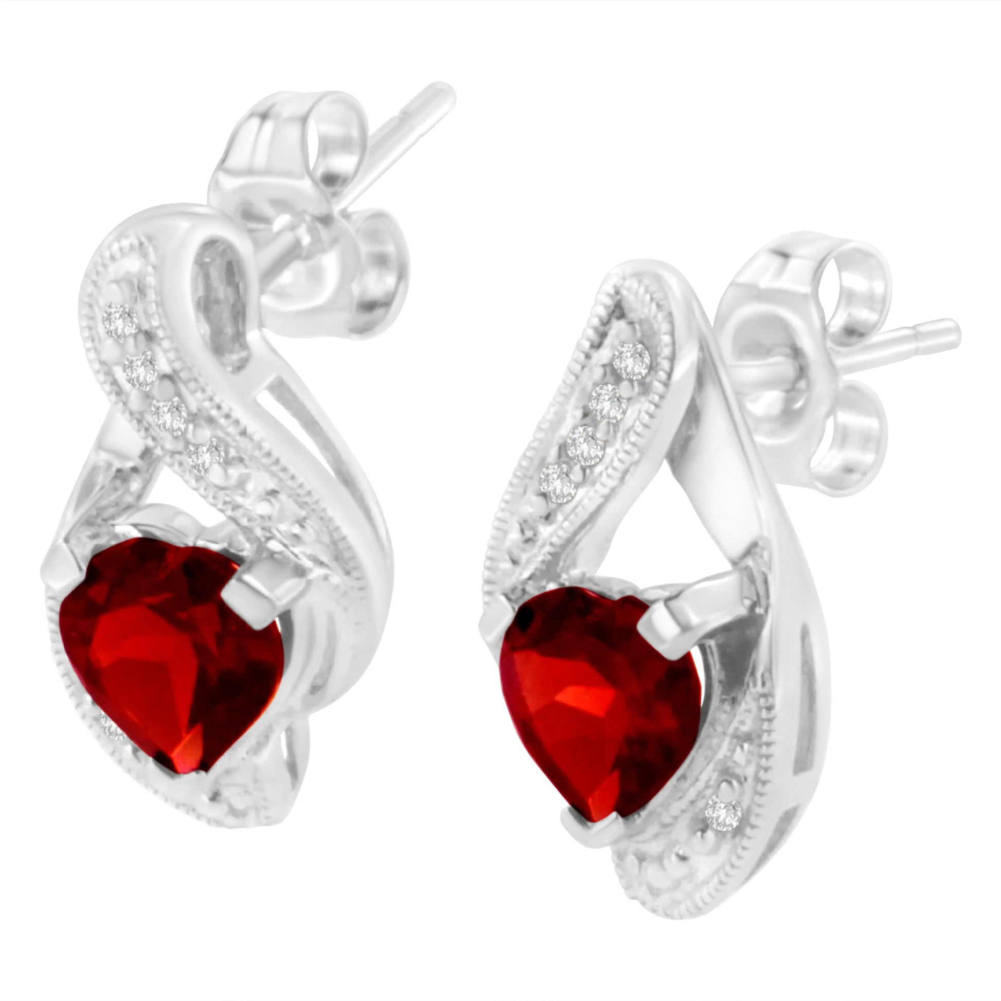 14KT White Gold 6x6mm Created Red Heart Garnet and Diamond Accent Earrings (I-J, I1-I2) - Puritific