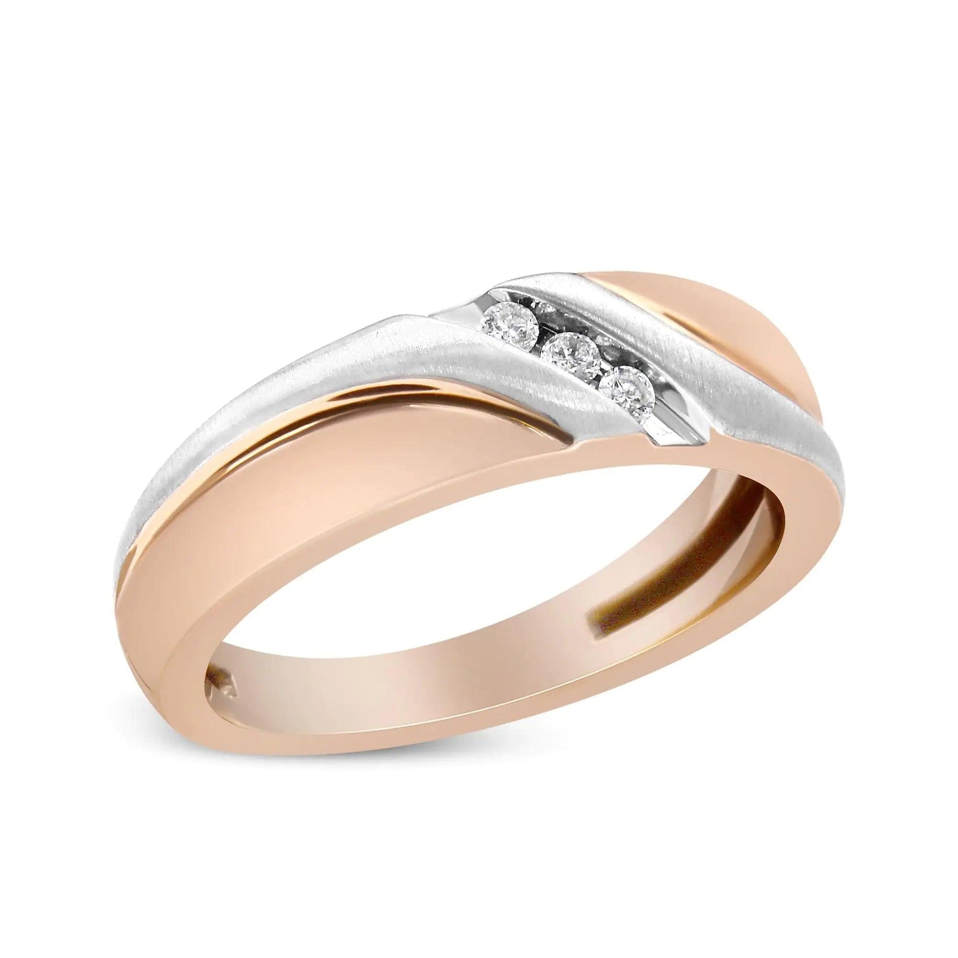 10K White and Rose Gold 1/10 Cttw 3-Stone Tension Slant Band Matte Finish Ring for Men (I-J Color, I2-I3 Clarity) - Puritific