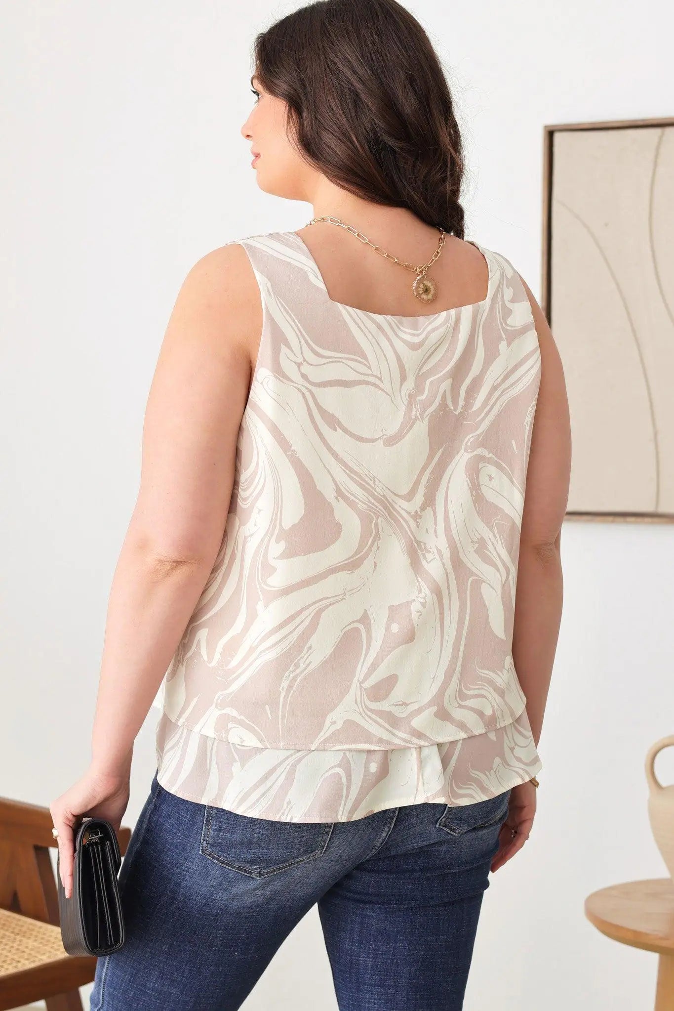 Plus Size Abstract Sleeveless Ruffle Hem Square Neck-Line Tops