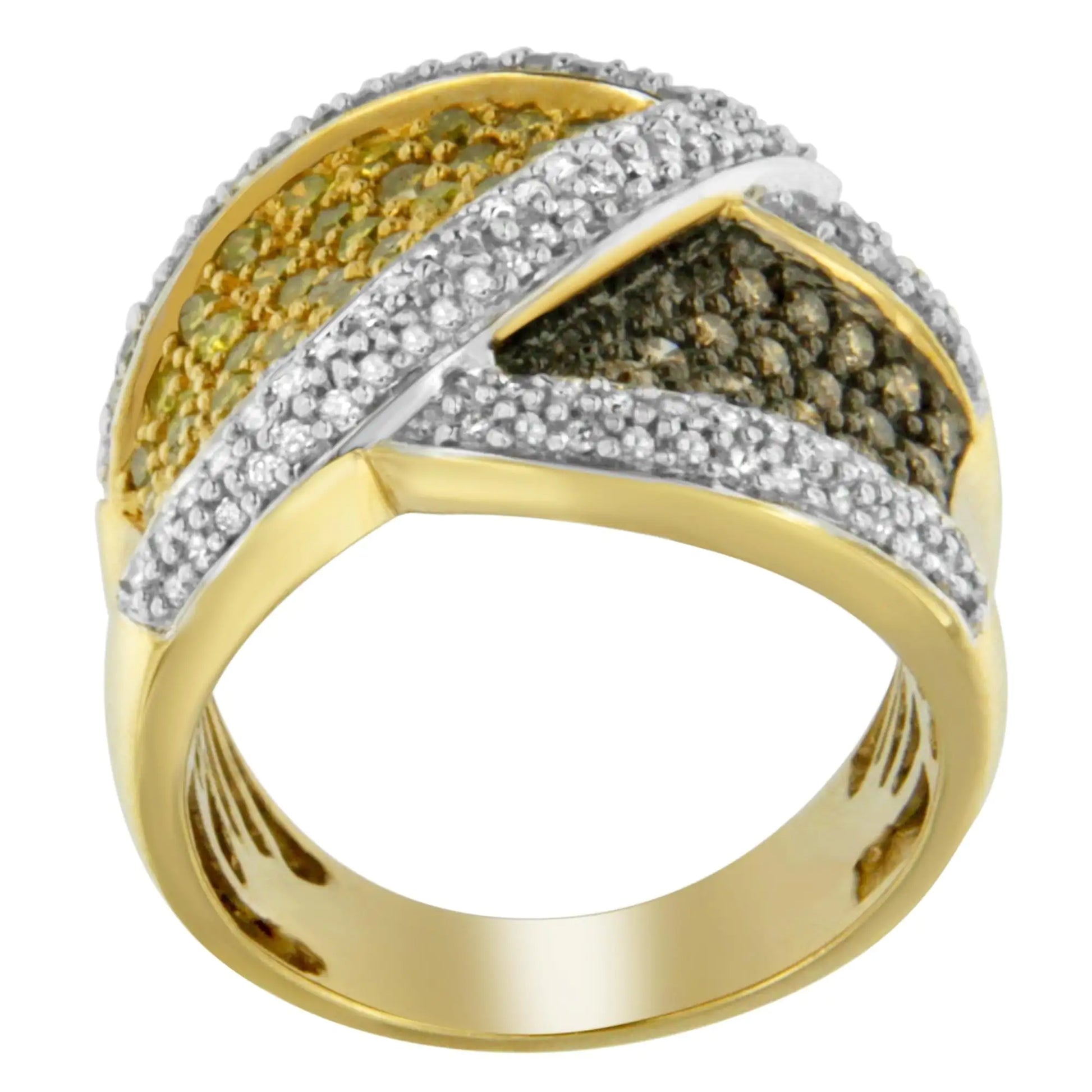 14K Yellow Gold Yellow, White, and Champagne Round-Cut Diamond Cross-over Ring (1 1/2 cttw, H-I Color, I1-I2 Clarity) - Puritific