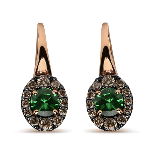 18K Rose and White Gold 3/8 Cttw Round Brown Diamonds and Round Green Tsavorite Gemstone Halo Drop Hoop Earrings (Brown Color, SI1-SI2 Clarity) - Puritific