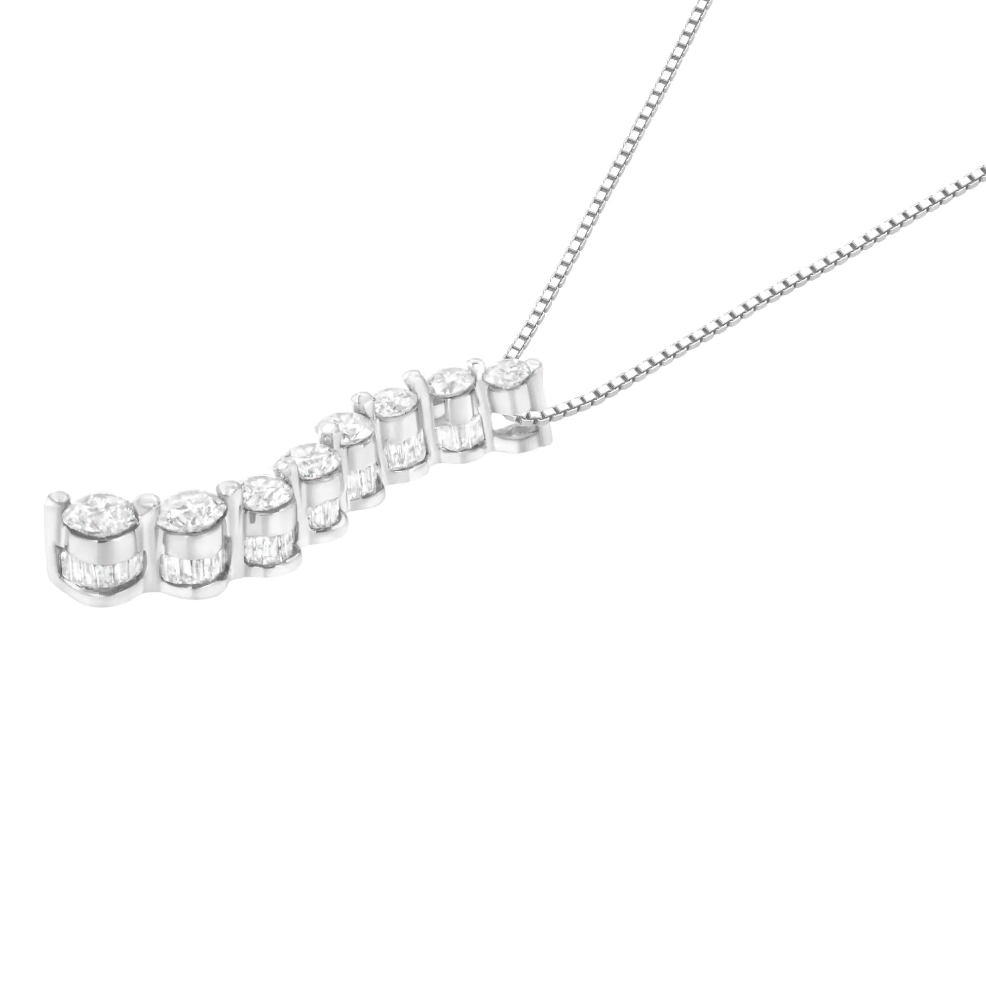 AGS Certified 14k White Gold 3.0 Cttw Baguette and Brilliant Round-Cut Diamond Journey 18" Pendant Necklace (F-G Color, I1-I2 Clarity) - Puritific