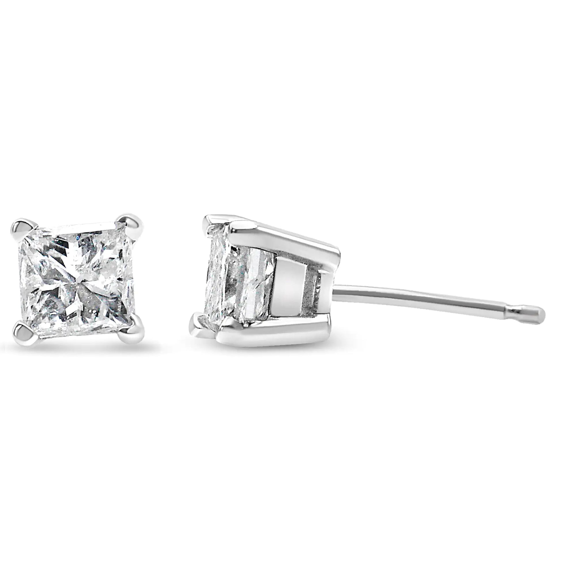 AGS Certified Princess-Cut Square Colorless Diamond 4-Prong Solitaire Stud Earrings in 14K Gold (K-L Color, SI2-I1 Clarity) - Puritific