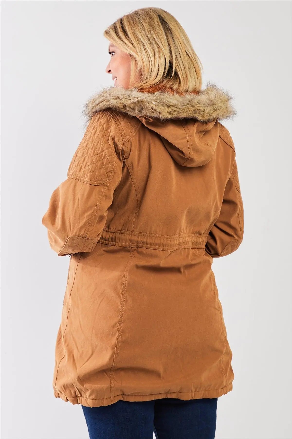 Junior Plus Size Camel Quilted Detail Vegan Fur Cotton Twill Parka Jacket