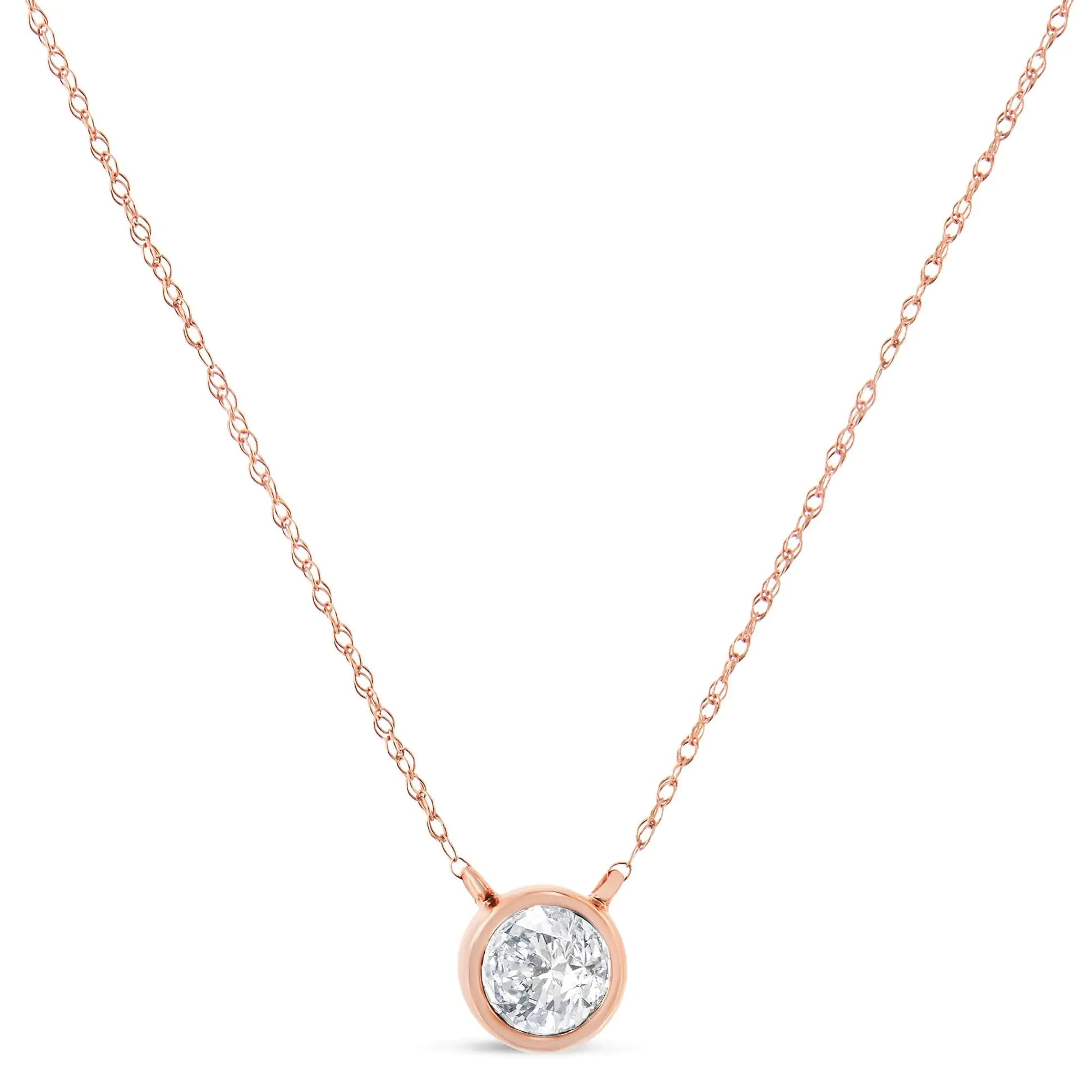 AGS Certified 10K Rose Gold 1/5 Cttw Bezel Set Round Diamond Solitaire 16-18" Adjustable Pendant Necklace (I-J Color, VS1-VS2 Clarity) - Puritific